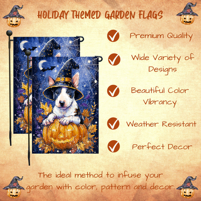 Bull Terrier Dog Halloween Garden Flag with Pumpkin Bats and Full Moon Outdoor Yard Banner Fall Harvest Forest Leaves Lawn Decoration for Dog Lovers Single or Double Sided 12.5 x 18