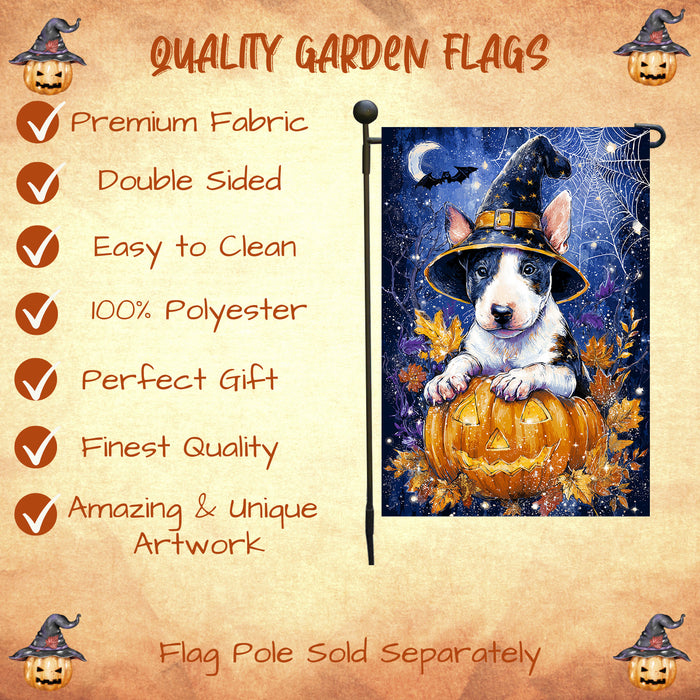 Bull Terrier Dog Halloween Garden Flag with Pumpkin Bats and Full Moon Outdoor Yard Banner Fall Harvest Forest Leaves Lawn Decoration for Dog Lovers Single or Double Sided 12.5 x 18