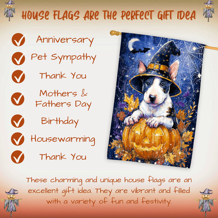 Bull Terrier Dog Halloween House Flag with Pumpkin Bats and Full Moon Fall Harvest Porch Banner Autumn Farmhouse Outdoor Home Decoration for Dog Lovers Double Sided 28 x 40