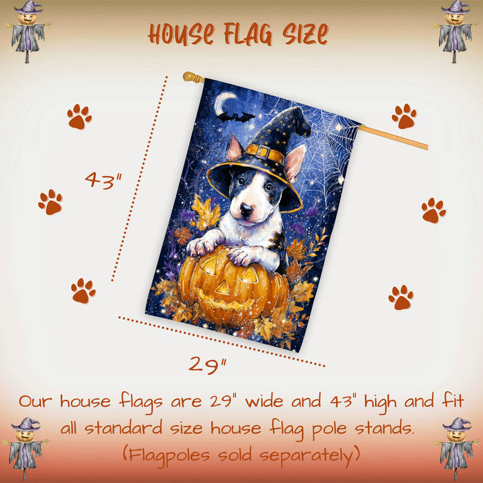 Bull Terrier Dog Halloween House Flag with Pumpkin Bats and Full Moon Fall Harvest Porch Banner Autumn Farmhouse Outdoor Home Decoration for Dog Lovers Double Sided 28 x 40