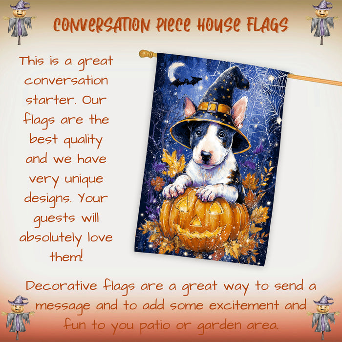 Bull Terrier Dog Halloween House Flag with Pumpkin Bats and Full Moon Fall Harvest Porch Banner Autumn Farmhouse Outdoor Home Decoration for Dog Lovers Double Sided 28 x 40
