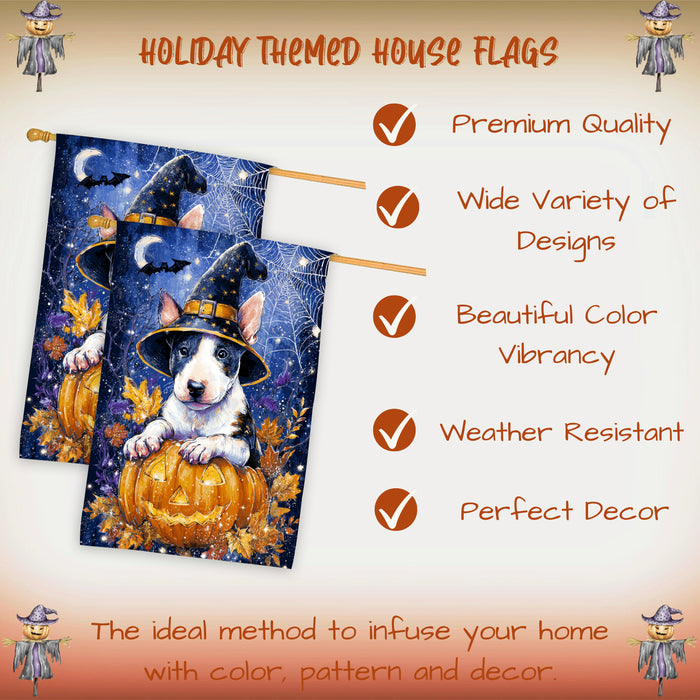 Bull Terrier Dog Halloween House Flag with Pumpkin Bats and Full Moon Fall Harvest Porch Banner Autumn Farmhouse Outdoor Home Decoration for Dog Lovers Double Sided 28 x 40