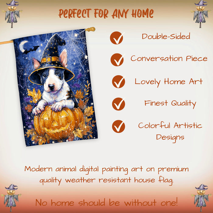 Bull Terrier Dog Halloween House Flag with Pumpkin Bats and Full Moon Fall Harvest Porch Banner Autumn Farmhouse Outdoor Home Decoration for Dog Lovers Double Sided 28 x 40