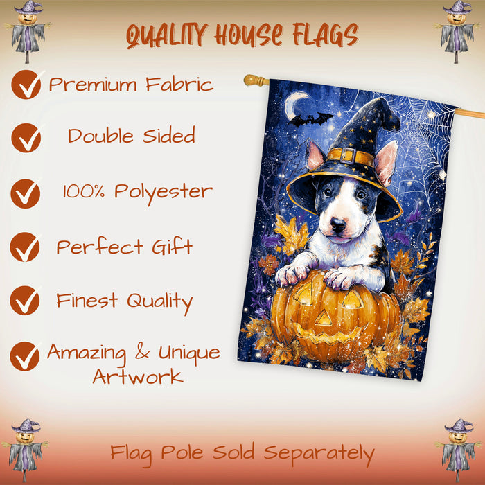 Bull Terrier Dog Halloween House Flag with Pumpkin Bats and Full Moon Fall Harvest Porch Banner Autumn Farmhouse Outdoor Home Decoration for Dog Lovers Double Sided 28 x 40