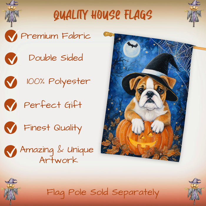 Bulldog Dog Halloween House Flag with Jack O Lantern and Pumpkins Fall Harvest Porch Banner Autumn Farmhouse Outdoor Home Decoration for Dog Lovers Double Sided 28 x 40