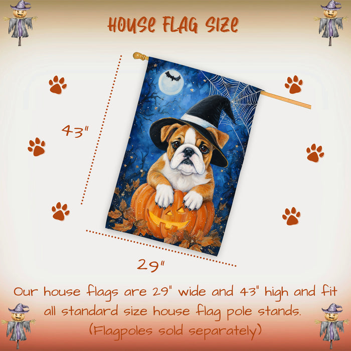 Bulldog Dog Halloween House Flag with Jack O Lantern and Pumpkins Fall Harvest Porch Banner Autumn Farmhouse Outdoor Home Decoration for Dog Lovers Double Sided 28 x 40