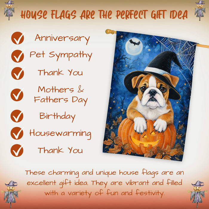 Bulldog Dog Halloween House Flag with Jack O Lantern and Pumpkins Fall Harvest Porch Banner Autumn Farmhouse Outdoor Home Decoration for Dog Lovers Double Sided 28 x 40