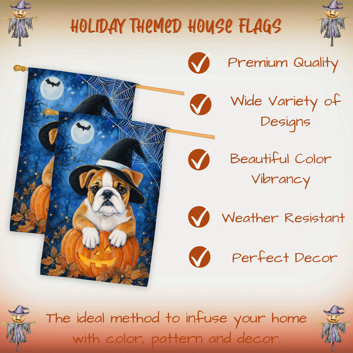Bulldog Dog Halloween House Flag with Jack O Lantern and Pumpkins Fall Harvest Porch Banner Autumn Farmhouse Outdoor Home Decoration for Dog Lovers Double Sided 28 x 40