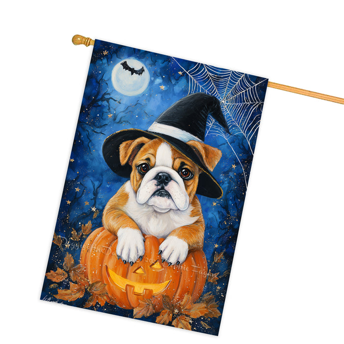 Bulldog Dog Halloween House Flag with Jack O Lantern and Pumpkins Fall Harvest Porch Banner Autumn Farmhouse Outdoor Home Decoration for Dog Lovers Double Sided 28 x 40