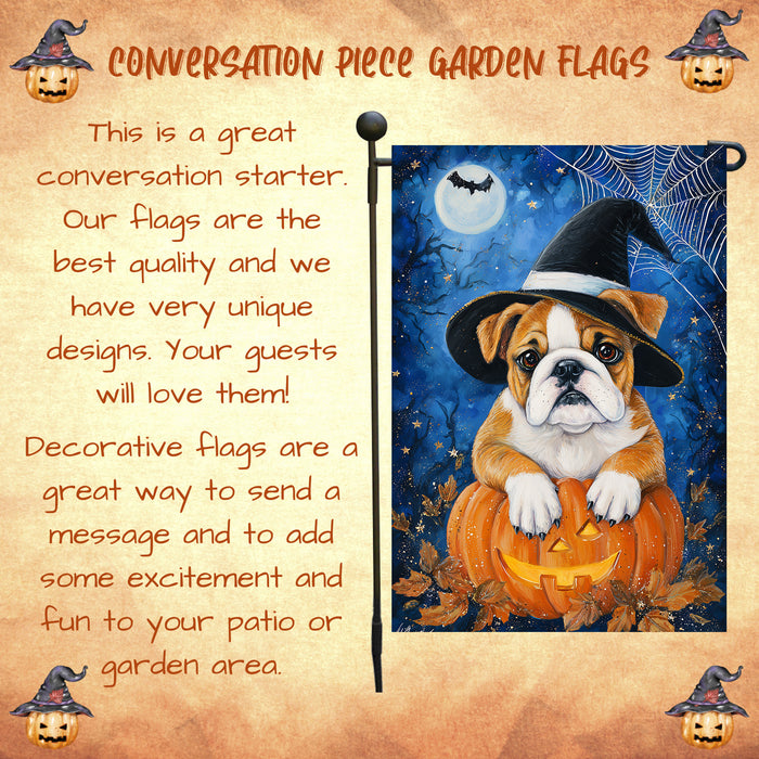 Bulldog Dog Halloween Garden Flag with Jack O Lantern and Pumpkins Outdoor Yard Banner Fall Porch Lawn Decoration Autumn Spider Web Décor for Dog Lovers Single or Double Sided 12.5 x 18