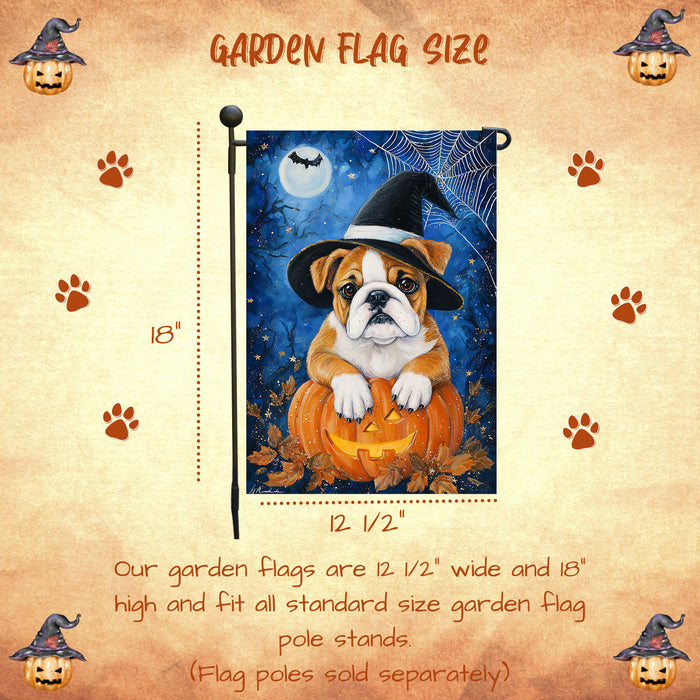 Bulldog Dog Halloween Garden Flag with Jack O Lantern and Pumpkins Outdoor Yard Banner Fall Porch Lawn Decoration Autumn Spider Web Décor for Dog Lovers Single or Double Sided 12.5 x 18