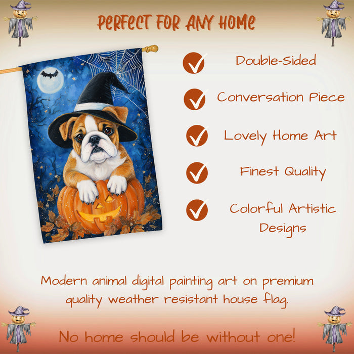 Bulldog Dog Halloween House Flag with Jack O Lantern and Pumpkins Fall Harvest Porch Banner Autumn Farmhouse Outdoor Home Decoration for Dog Lovers Double Sided 28 x 40