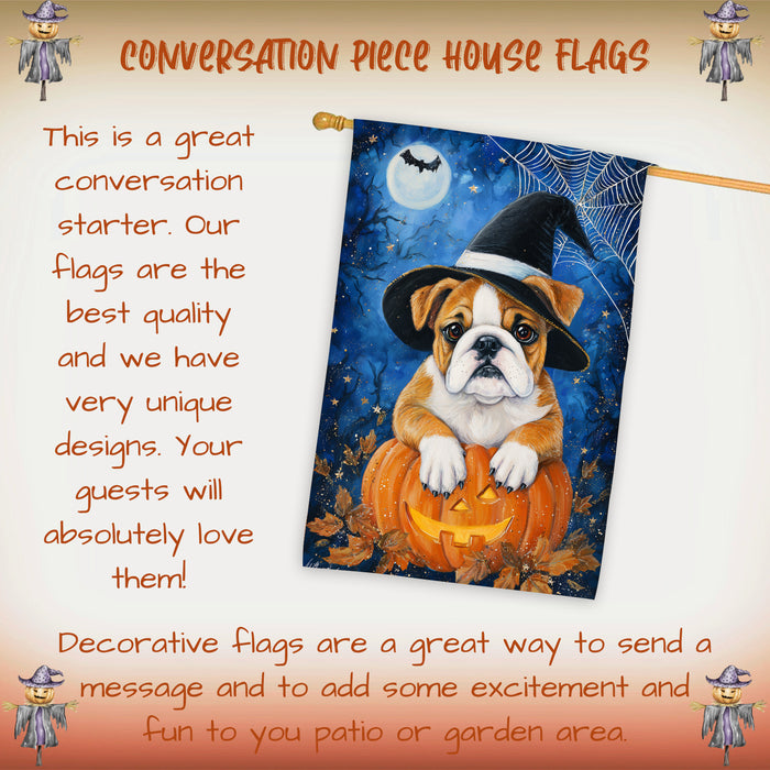 Bulldog Dog Halloween House Flag with Jack O Lantern and Pumpkins Fall Harvest Porch Banner Autumn Farmhouse Outdoor Home Decoration for Dog Lovers Double Sided 28 x 40