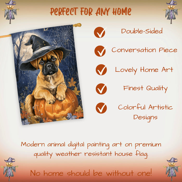 Bullmastiff Dog Halloween and Thanksgiving House Flag with Witch Hat and Pumpkin Fall Harvest Porch Banner Autumn Farmhouse Outdoor Home Decoration for Dog Lovers Double Sided 28 x 40