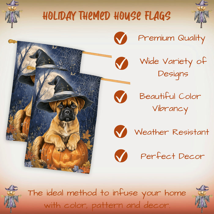 Bullmastiff Dog Halloween and Thanksgiving House Flag with Witch Hat and Pumpkin Fall Harvest Porch Banner Autumn Farmhouse Outdoor Home Decoration for Dog Lovers Double Sided 28 x 40