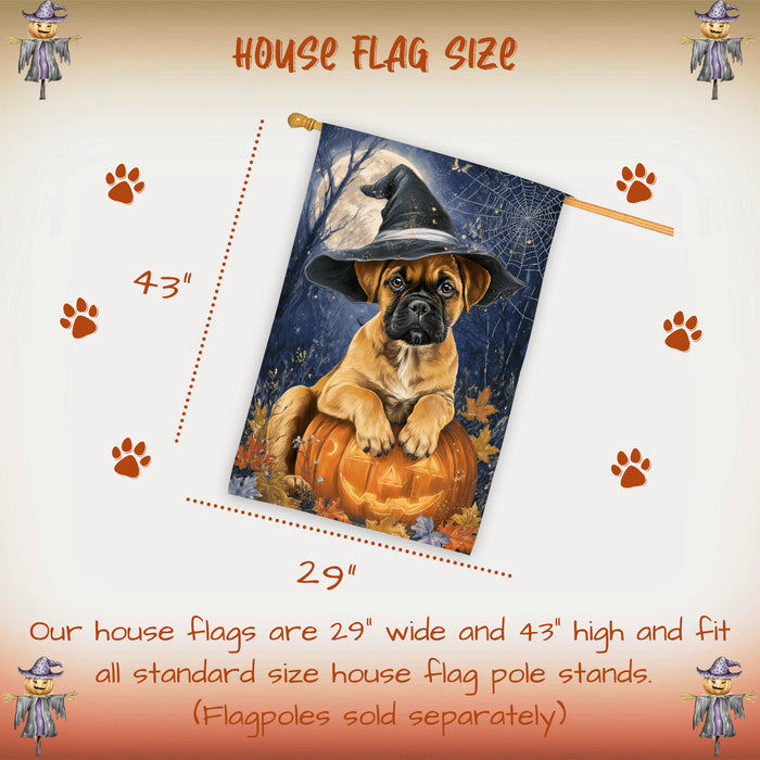 Bullmastiff Dog Halloween and Thanksgiving House Flag with Witch Hat and Pumpkin Fall Harvest Porch Banner Autumn Farmhouse Outdoor Home Decoration for Dog Lovers Double Sided 28 x 40