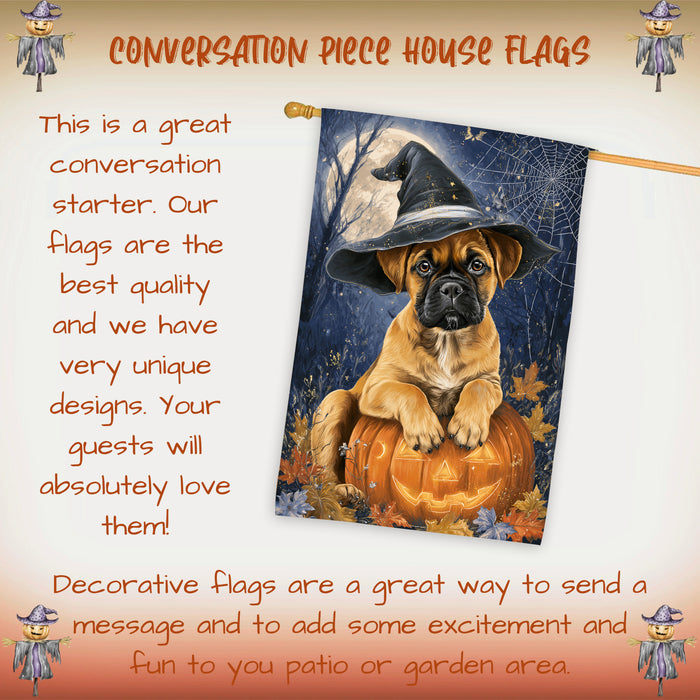 Bullmastiff Dog Halloween and Thanksgiving House Flag with Witch Hat and Pumpkin Fall Harvest Porch Banner Autumn Farmhouse Outdoor Home Decoration for Dog Lovers Double Sided 28 x 40