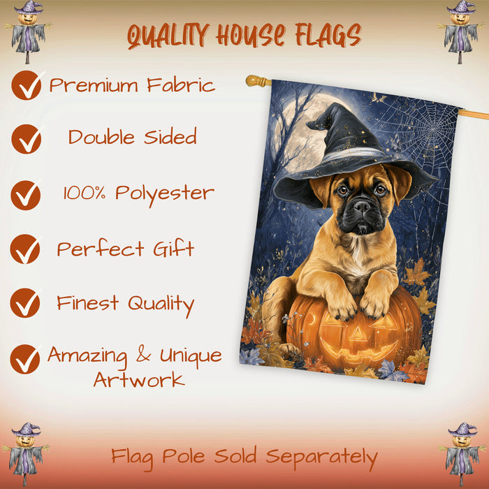 Bullmastiff Dog Halloween and Thanksgiving House Flag with Witch Hat and Pumpkin Fall Harvest Porch Banner Autumn Farmhouse Outdoor Home Decoration for Dog Lovers Double Sided 28 x 40