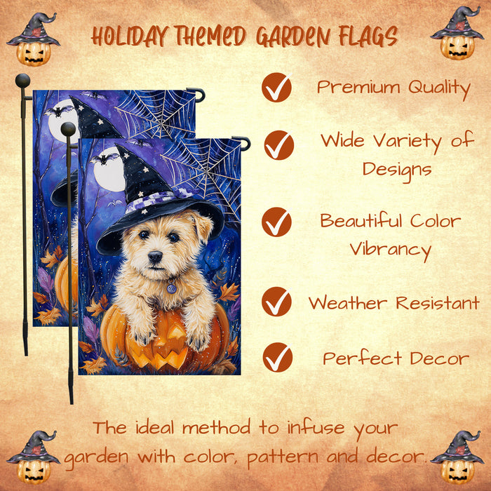 Cairn Terrier Dog Halloween Garden Flag with Witch Hat and Moon Outdoor Yard Banner Fall Maple Leaf Tree Lawn Decoration Autumn Thanksgiving Décor for Dog Lovers Single or Double Sided 12.5 x 18
