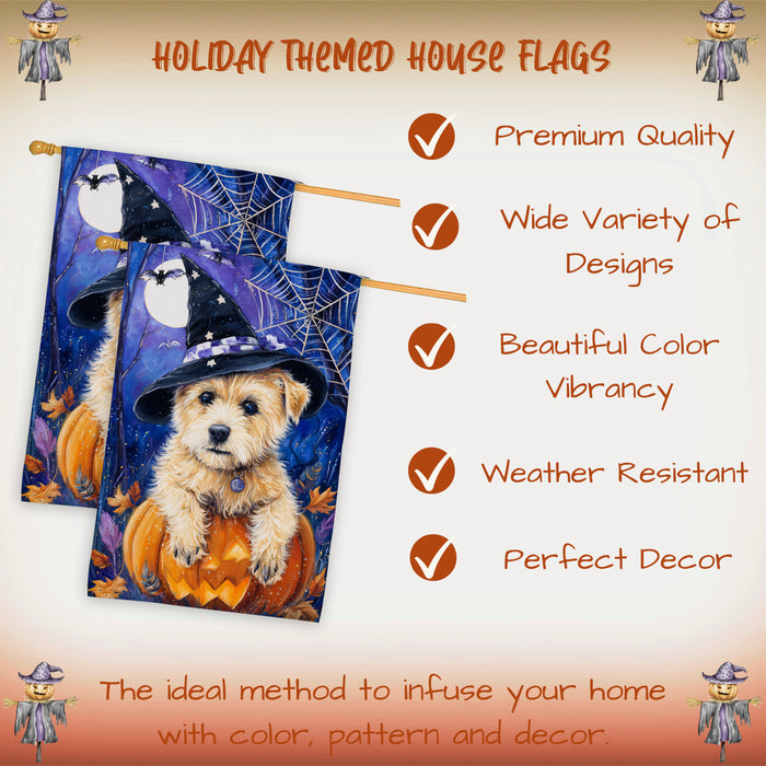 Cairn Terrier Dog Halloween House Flag with Witch Hat Moon and Maple Leaves Fall Harvest Porch Banner Autumn Farmhouse Outdoor Home Decoration for Dog Lovers Double Sided 28 x 40