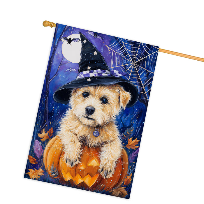 Cairn Terrier Dog Halloween House Flag with Witch Hat Moon and Maple Leaves Fall Harvest Porch Banner Autumn Farmhouse Outdoor Home Decoration for Dog Lovers Double Sided 28 x 40