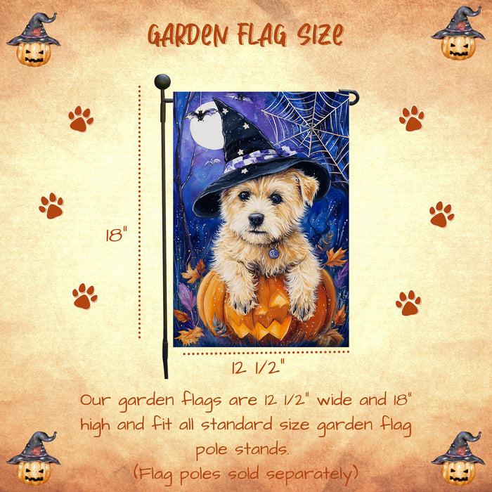 Cairn Terrier Dog Halloween Garden Flag with Witch Hat and Moon Outdoor Yard Banner Fall Maple Leaf Tree Lawn Decoration Autumn Thanksgiving Décor for Dog Lovers Single or Double Sided 12.5 x 18