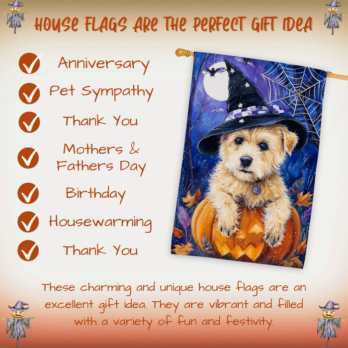 Cairn Terrier Dog Halloween House Flag with Witch Hat Moon and Maple Leaves Fall Harvest Porch Banner Autumn Farmhouse Outdoor Home Decoration for Dog Lovers Double Sided 28 x 40