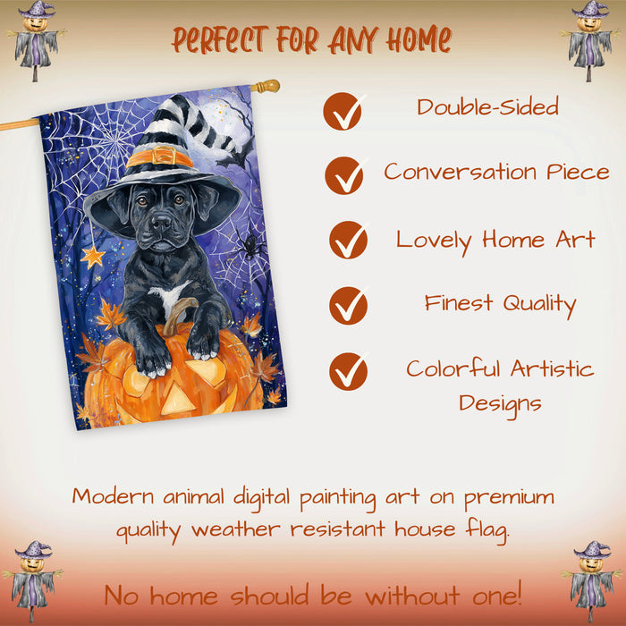 Cane Corso Dog Halloween House Flag with Pumpkin Bats and Full Moon Fall Harvest Porch Banner Autumn Farmhouse Outdoor Home Decoration for Dog Lovers Double Sided 28 x 40