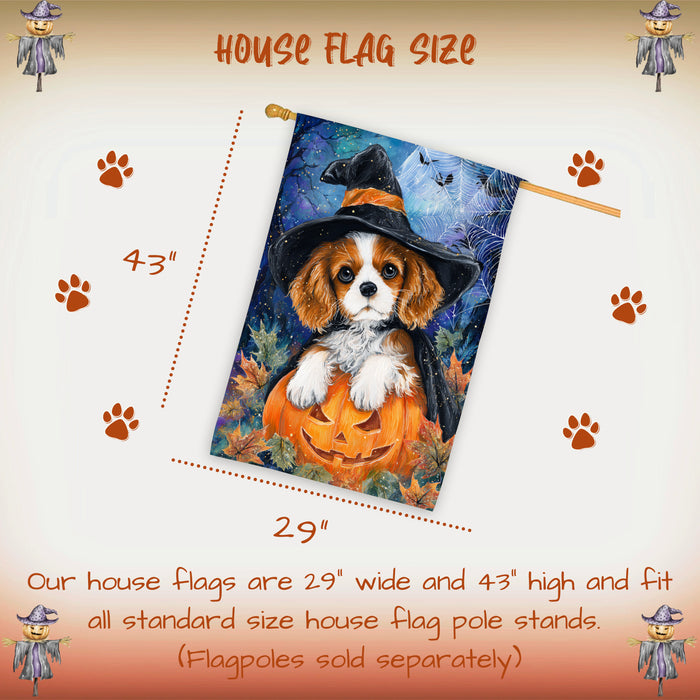 Cavalier King Charles Spaniel Dog Halloween House Flag with Pumpkin Bats and Spider Web Fall Harvest Porch Banner Autumn Farmhouse Outdoor Home Decoration for Dog Lovers Double Sided 28 x 40