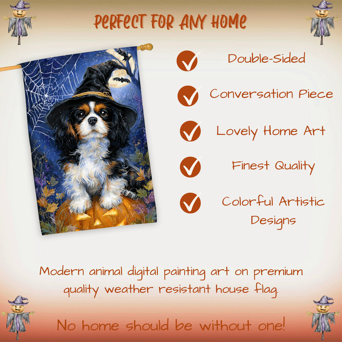 Cavalier King Charles Spaniel Dog Halloween House Flag with Pumpkin Bat Spider Web and Autumn Leaves Fall Harvest Porch Banner Farmhouse Outdoor Home Decoration for Dog Lovers Double Sided 28 x 40