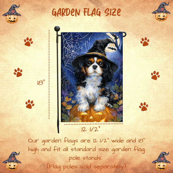 Cavalier King Charles Spaniel Dog Halloween Garden Flag with Pumpkin Bat and Spider Web Outdoor Yard Banner Autumn Leaves Lantern Fall Harvest Decoration Gift for Dog Lovers Single or Double Sided 12.5 x 18