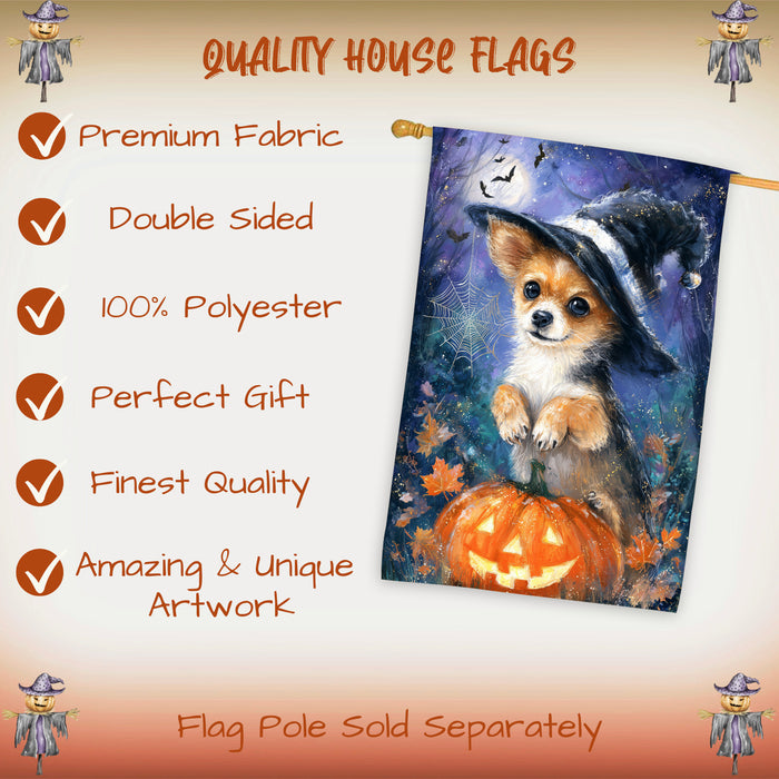 Chihuahua Dog Halloween House Flag with Pumpkin and Spider Web Fall Harvest Porch Banner Autumn Farmhouse Outdoor Home Decoration for Dog Dads and Pet Lovers Double Sided 28 x 40