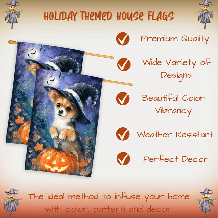 Chihuahua Dog Halloween House Flag with Pumpkin and Spider Web Fall Harvest Porch Banner Autumn Farmhouse Outdoor Home Decoration for Dog Dads and Pet Lovers Double Sided 28 x 40