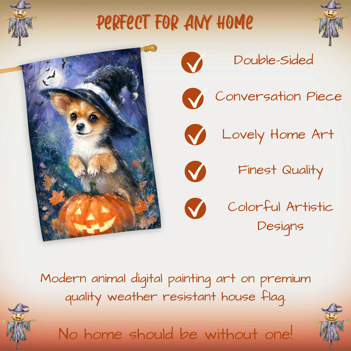Chihuahua Dog Halloween House Flag with Pumpkin and Spider Web Fall Harvest Porch Banner Autumn Farmhouse Outdoor Home Decoration for Dog Dads and Pet Lovers Double Sided 28 x 40