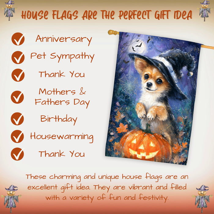 Chihuahua Dog Halloween House Flag with Pumpkin and Spider Web Fall Harvest Porch Banner Autumn Farmhouse Outdoor Home Decoration for Dog Dads and Pet Lovers Double Sided 28 x 40