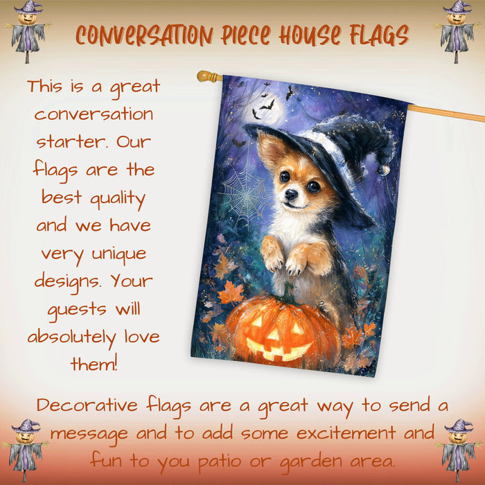 Chihuahua Dog Halloween House Flag with Pumpkin and Spider Web Fall Harvest Porch Banner Autumn Farmhouse Outdoor Home Decoration for Dog Dads and Pet Lovers Double Sided 28 x 40