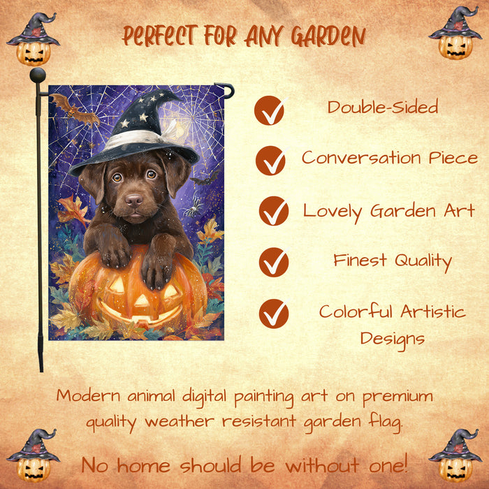 Chocolate Labrador Dog Halloween Garden Flag with Witch Hat and Pumpkins Outdoor Yard Banner Fall Haunted House Lawn Decoration Spooky Autumn Party Décor for Dog Lovers Single or Double Sided 12.5 x 18