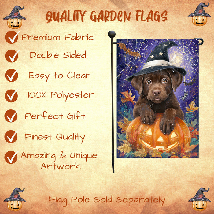 Chocolate Labrador Dog Halloween Garden Flag with Witch Hat and Pumpkins Outdoor Yard Banner Fall Haunted House Lawn Decoration Spooky Autumn Party Décor for Dog Lovers Single or Double Sided 12.5 x 18