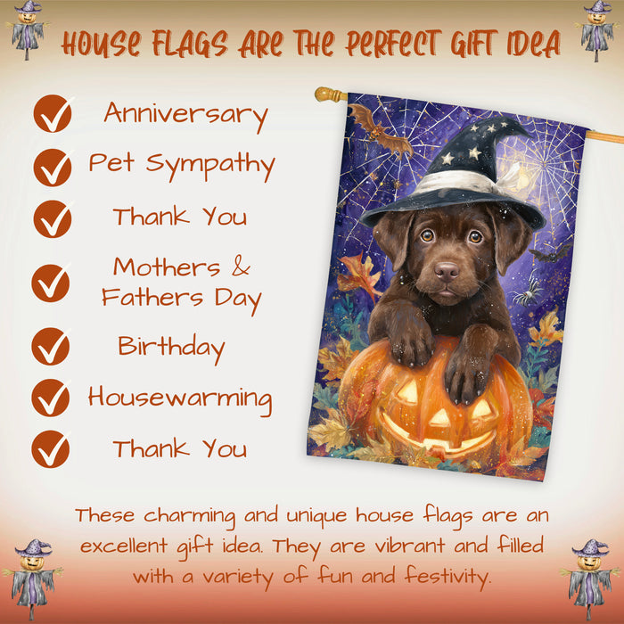 Chocolate Labrador Dog Halloween House Flag with Witch Hat and Pumpkins Fall Harvest Porch Banner Autumn Farmhouse Outdoor Home Decoration for Dog Lovers Double Sided 28 x 40