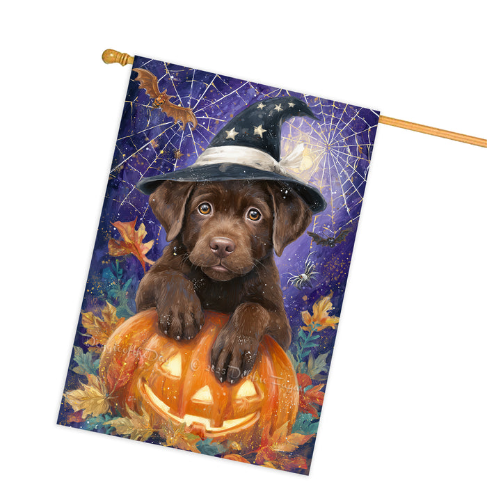 Chocolate Labrador Dog Halloween House Flag with Witch Hat and Pumpkins Fall Harvest Porch Banner Autumn Farmhouse Outdoor Home Decoration for Dog Lovers Double Sided 28 x 40