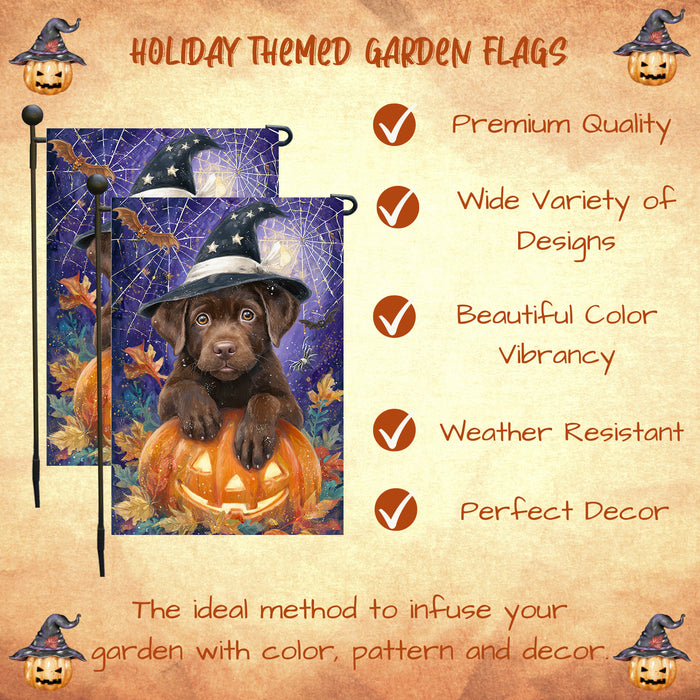 Chocolate Labrador Dog Halloween Garden Flag with Witch Hat and Pumpkins Outdoor Yard Banner Fall Haunted House Lawn Decoration Spooky Autumn Party Décor for Dog Lovers Single or Double Sided 12.5 x 18