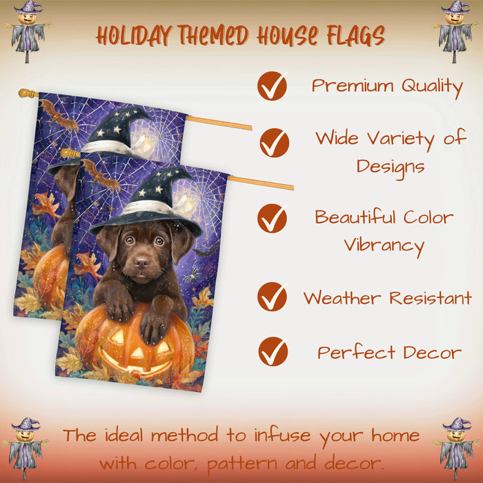 Chocolate Labrador Dog Halloween House Flag with Witch Hat and Pumpkins Fall Harvest Porch Banner Autumn Farmhouse Outdoor Home Decoration for Dog Lovers Double Sided 28 x 40