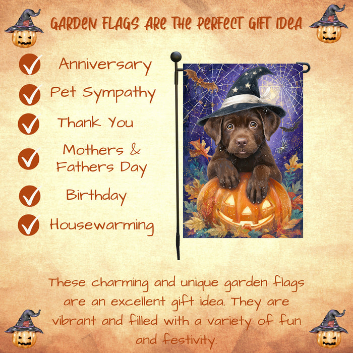 Chocolate Labrador Dog Halloween Garden Flag with Witch Hat and Pumpkins Outdoor Yard Banner Fall Haunted House Lawn Decoration Spooky Autumn Party Décor for Dog Lovers Single or Double Sided 12.5 x 18
