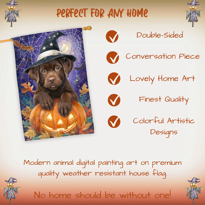 Chocolate Labrador Dog Halloween House Flag with Witch Hat and Pumpkins Fall Harvest Porch Banner Autumn Farmhouse Outdoor Home Decoration for Dog Lovers Double Sided 28 x 40