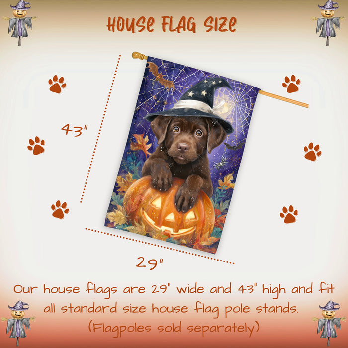 Chocolate Labrador Dog Halloween House Flag with Witch Hat and Pumpkins Fall Harvest Porch Banner Autumn Farmhouse Outdoor Home Decoration for Dog Lovers Double Sided 28 x 40