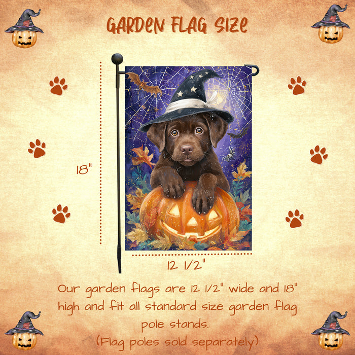 Chocolate Labrador Dog Halloween Garden Flag with Witch Hat and Pumpkins Outdoor Yard Banner Fall Haunted House Lawn Decoration Spooky Autumn Party Décor for Dog Lovers Single or Double Sided 12.5 x 18