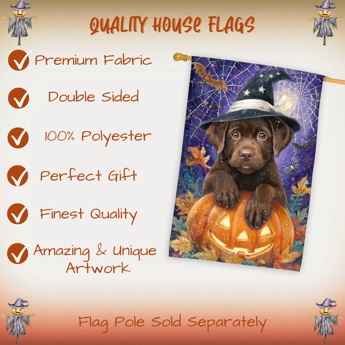 Chocolate Labrador Dog Halloween House Flag with Witch Hat and Pumpkins Fall Harvest Porch Banner Autumn Farmhouse Outdoor Home Decoration for Dog Lovers Double Sided 28 x 40