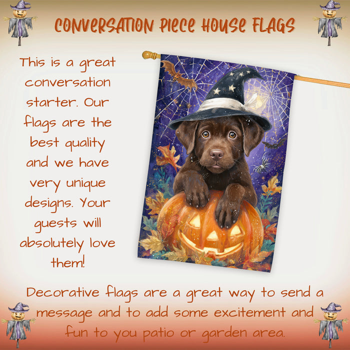 Chocolate Labrador Dog Halloween House Flag with Witch Hat and Pumpkins Fall Harvest Porch Banner Autumn Farmhouse Outdoor Home Decoration for Dog Lovers Double Sided 28 x 40