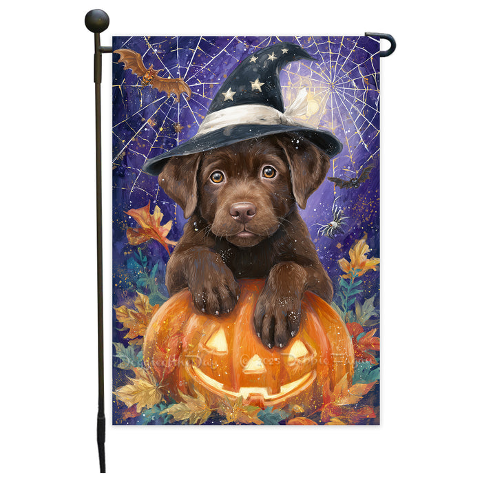 Chocolate Labrador Dog Halloween Garden Flag with Witch Hat and Pumpkins Outdoor Yard Banner Fall Haunted House Lawn Decoration Spooky Autumn Party Décor for Dog Lovers Single or Double Sided 12.5 x 18