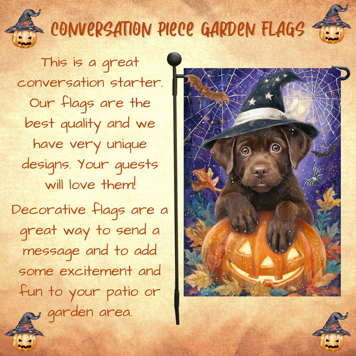 Chocolate Labrador Dog Halloween Garden Flag with Witch Hat and Pumpkins Outdoor Yard Banner Fall Haunted House Lawn Decoration Spooky Autumn Party Décor for Dog Lovers Single or Double Sided 12.5 x 18